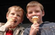 27 April 2007; Alex Power and Eoghan Maguire, both aged 7, from Clane, Co. Kildare, enjoying an ice cream at the Punchestown National Hunt Festival. Punchestown Racecourse, Co. Kildare. Photo by Sportsfile