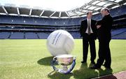 26 April 2007; Biggest ever ‘throw-in’ marks the launch of the Bank of Ireland Football Championship. An extraordinary year of thrilling football was predicted at the launch of the 2007 Bank of Ireland Football Championship. This is the 14th year of this successful sponsorship partnership and winning the Bank of Ireland Football Championship is the ultimate goal for Ireland’s football players. Pictured at the launch is Kerry manager Pat O'Shea, left, in conversation with Nickey Brennan, President of the GAA. Croke Park, Dublin. Picture credit: Brendan Moran / SPORTSFILE