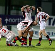 27 April 2007; Ulster players, from left to right, Simon Best, Andrew Maxwell, and Roger Wilson contemplate another defeat. Magners League, Ulster v Glasgow Warriors, Ravenhill Park, Belfast, Co. Antrim. Picture credit: Oliver McVeigh / SPORTSFILE