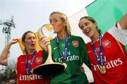 29 April 2007; Arsenal players, from left, Ciara Grant, Emma Byrne, and Yvonne Tracy, celebrate after the match. 2006/07 UEFA Women's Cup Final 2nd Leg, Arsenal v Umeå IK, Boreham Wood Football Club, Hertfordshire, UK. Picture credit: Brian Lawless / SPORTSFILE