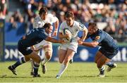 26 October 2014; Eoin Reddan, Leinster, is tackled by Mathieu Bonello, left, and Yohan Montes, Castres. European Rugby Champions Cup 2014/15, Pool 2, Round 2, Castres Olympique v Leinster. Stade Pierre Antoine, Castres, France. Picture credit: Stephen McCarthy / SPORTSFILE