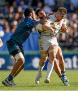 26 October 2014; Jamie Heaslip, Leinster, is tackled by Mathieu Babillot, left, and Christopher Tuatara-Morrison, right, Castres. European Rugby Champions Cup 2014/15, Pool 2, Round 2, Castres Olympique v Leinster. Stade Pierre Antoine, Castres, France. Picture credit: Stephen McCarthy / SPORTSFILE