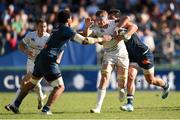 26 October 2014; Jamie Heaslip, Leinster, is tackled by Mathieu Babillot, left, and Christopher Tuatara-Morrison, right, Castres. European Rugby Champions Cup 2014/15, Pool 2, Round 2, Castres Olympique v Leinster. Stade Pierre Antoine, Castres, France. Picture credit: Stephen McCarthy / SPORTSFILE