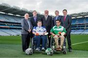 29 October 2014; Pictured in attendance at the launch are, from left, Tim Maher, Wheelchair Hurling Inventor, Cian Nelson, Camogie Operations, Shane Curran, Connacht & Galway, sponsor Martin Donnelly, Zahid Mahomed, Leinster & Dublin, Paraic Duffy, Ard-Stiúrthóir Cumann Luthchleas Gael and Paschal Donohoe, Minister for Transport, Tourism & Sport. M. Donnelly GAA Interprovincial Wheelchair Hurling Launch, Croke Park, Dublin. Picture credit: Ramsey Cardy / SPORTSFILE