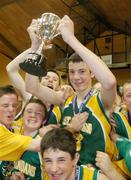 9 May 2007; St. Brendan's College captain Padraig Lucey lifts the cup. Schools Basketball Second Year Finals, A Boys Final, St. Joseph's College, Galway v St. Brendan's College, Killarney, National Basketball Arena, Tallaght, Dublin. Picture credit: Brian Lawless / SPORTSFILE