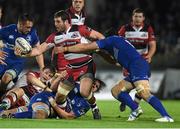 31 October 2014; Tomas Leonardi, Edinburgh, is tackled by Kane Douglas, left, and Jack Conan, Leinster. Guinness PRO12, Round 7, Leinster v Edinburgh. RDS, Ballsbridge, Dublin. Picture credit: Pat Murphy / SPORTSFILE