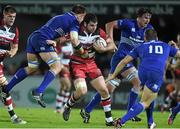 31 October 2014; Tomas Leonardi, Edinburgh, is tackled by, from left, Dominic Ryan, Kane Douglas and Jimmy Gopperth, Leinster. Guinness PRO12, Round 7, Leinster v Edinburgh. RDS, Ballsbridge, Dublin. Picture credit: Pat Murphy / SPORTSFILE