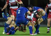 31 October 2014; David Denton, Edinburgh, is tackled by, from left, Luke McGrath, Richardt Strauss and Kevin McLaughlin, Leinster. Guinness PRO12, Round 7, Leinster v Edinburgh. RDS, Ballsbridge, Dublin. Picture credit: Pat Murphy / SPORTSFILE