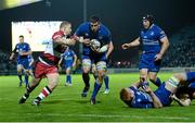 31 October 2014; Ben Marshall, Leinster, goes over for his side's fourth try despite the tackle of John Andress, Edinburgh. Guinness PRO12, Round 7, Leinster v Edinburgh. RDS, Ballsbridge, Dublin. Picture credit: Stephen McCarthy / SPORTSFILE