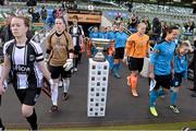 2 November 2014; Raheny United captain Rebecca Creagh, left, and UCD Waves captain Aine O'Gorman walk out for the start of the game. FAI Continental Tyres Women’s Cup Final, Raheny United v UCD Waves, Aviva Stadium, Lansdowne Road, Dublin. Picture credit: David Maher / SPORTSFILE