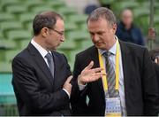 2 November 2014; Republic of Ireland manager Martin O'Neill speaks with his Northern Ireland counterpart Michael O'Neill before the game. FAI Ford Cup Final, Derry City v St Patrick's Athletic, Aviva Stadium, Lansdowne Road, Dublin.  Picture credit: Pat Murphy / SPORTSFILE