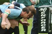 16 May 2007; The front row of Simon Best, Jerry Flannery and Bryan Young engage a scrum machine during Ireland squad training. Ireland Rugby Squad Training, University of Limerick, Limerick. Picture credit: Brendan Moran / SPORTSFILE