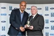 2 November 2014; FAI President Tony Fitzgerald presents the Hall of Fame trophy to former St. Patrick's Athletic FC player Paul Osam. FAI Ford Cup Final, Derry City v St Patrick's Athletic, Aviva Stadium, Lansdowne Road, Dublin. Picture credit: Matt Browne / SPORTSFILE