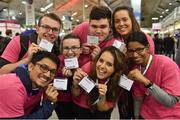 6 November 2014; A group of volunteers in jovial mood, as day 3 of the Web Summit commences, pictured ,from left to right, are David Leacy, Bhushan Ss, Megan Noone, Conor O'Callaghan, Celestine Wolfson, Caoimhe O'Riordan and Durga Selvakumar during Day 3 of the 2014 Web Summit in the RDS, Dublin, Ireland. Picture credit: Ray McManus / SPORTSFILE / Web Summit