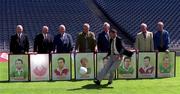 10 August 1999; Kerry's Mick O'Connell demonstrates his skills at the launch of the An Post GAA official Gaelic Football Team of the Millennium in Croke Park, Dublin, as watched by, from left, Sean Murphy of Kerry, Sean O'Neill of Down, Sean Purcell of Galway, Pat Spillane of Kerry, Kevin Heffernan of Dublin, Enda Colleran of Galway and Martin O'Connell of Meath. Photo by Ray McManus/Sportsfile