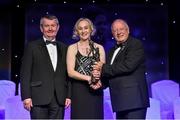 8 November 2014; Mary Rose kelly, Wexford, is presented with her TG4 Ladies Football Junior Players' Player of the Year Award by Pat Quill, President of the Ladies Gaelic Football Association, in the company of Pól O Gallchóir, left, Ceannsaí, TG4. TG4 Ladies Football All-Star Awards 2014, Citywest Hotel, Saggart, Co. Dublin. Picture credit: Brendan Moran / SPORTSFILE