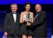 8 November 2014; Rebecca Waldron, Mayo, is presented with her TG4 Ladies Football Connacht Young Player of the Year Award by Pat Quill, President of the Ladies Gaelic Football Association, in the company of Pól O Gallchóir, left, Ceannsaí, TG4. TG4 Ladies Football All-Star Awards 2014, Citywest Hotel, Saggart, Co. Dublin. Picture credit: Brendan Moran / SPORTSFILE