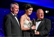 8 November 2014; Rebecca Waldron, Mayo, is presented with her TG4 Ladies Football Connacht Young Player of the Year Award by Pat Quill, President of the Ladies Gaelic Football Association, in the company of Pól O Gallchóir, left, Ceannsaí, TG4. TG4 Ladies Football All-Star Awards 2014, Citywest Hotel, Saggart, Co. Dublin. Picture credit: Ray McManus / SPORTSFILE