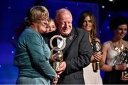 8 November 2014; Phyllis Hacket Price, Offaly, is presented with her TG4 Ladies Football Hall of Fame Award by Pat Quill, President of the Ladies Gaelic Football Association. TG4 Ladies Football All-Star Awards 2014, Citywest Hotel, Saggart, Co. Dublin. Picture credit: Ray McManus / SPORTSFILE