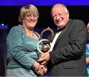 8 November 2014; Phyllis Hacket Price, Offaly, is presented with her TG4 Ladies Football Hall of Fame Award by Pat Quill, President of the Ladies Gaelic Football Association. TG4 Ladies Football All-Star Awards 2014, Citywest Hotel, Saggart, Co. Dublin. Picture credit: Brendan Moran / SPORTSFILE