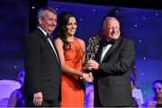 8 November 2014; Sinead Goldrick, Dublin, is presented with her TG4 Ladies Football All-Star Award by Pat Quill, President of the Ladies Gaelic Football Association, in the company of Pól O Gallchóir, left, Ceannsaí, TG4. TG4 Ladies Football All-Star Awards 2014, Citywest Hotel, Saggart, Co. Dublin. Picture credit: Ray McManus / SPORTSFILE