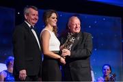8 November 2014; Noelle Healy, Dublin, is presented with her TG4 Ladies Football All-Star Award by Pat Quill, President of the Ladies Gaelic Football Association, in the company of Pól O Gallchóir, left, Ceannsaí, TG4. TG4 Ladies Football All-Star Awards 2014, Citywest Hotel, Saggart, Co. Dublin. Picture credit: Ray McManus / SPORTSFILE