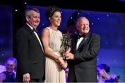 8 November 2014; Ciara O'Sullivan, Cork, is presented with her TG4 Ladies Football All-Star Award by Pat Quill, President of the Ladies Gaelic Football Association, in the company of Pól O Gallchóir, left, Ceannsaí, TG4. TG4 Ladies Football All-Star Awards 2014, Citywest Hotel, Saggart, Co. Dublin. Picture credit: Ray McManus / SPORTSFILE