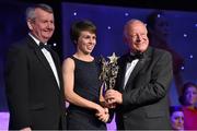 8 November 2014; Cora Courtney, Monaghan, is presented with her TG4 Ladies Football All-Star Award by Pat Quill, President of the Ladies Gaelic Football Association, in the company of Pól O Gallchóir, left, Ceannsaí, TG4. TG4 Ladies Football All-Star Awards 2014, Citywest Hotel, Saggart, Co. Dublin. Picture credit: Ray McManus / SPORTSFILE