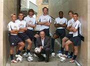 11 June 2007; Fran Gavin, centre, Director of the eircom League of Ireland, with players, left to right, Liam Kearney, Cork City, Alan Murphy, Galway United, Pat McCourt, Derry City, Aidan Price, Shamrock Rovers, Joseph Ndo, St.Patrick's Athletic, Kevin Hunt, Bohemians, and Shane Robinson, Drogheda United, attend a joint announcement hosted by the Football Association of Ireland and EA Sports that the eircom League of Ireland will feature for the first time in FIFA 08, the International acclaimed FIFA videogame franchise from EA SPORTS. Meeting House Square, Temple Bar, Dublin. Picture credit: David Maher / SPORTSFILE