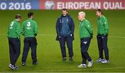 13 November 2014; Republic of Ireland assistant manager Roy Keane, centre, and, from left, manager Martin O'Neill, captain Robbie Keane, goalkeeping coach Seamus McDonagh and coach Steve Guppy walk the pitch ahead of their UEFA EURO 2016 Championship Qualifer Group D game against Scotland, on Friday. Republic of Ireland Squad Training, Celtic Park, Glasgow, Scotland. Picture credit: Stephen McCarthy / SPORTSFILE