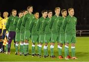 13 November 2014; The Republic of Ireland team during the National Anthem. UEFA European U19 Championship 2014/15 Qualifying Round Group 6, Republic of Ireland v Malta, RSC, Waterford. Picture credit: Matt Browne / SPORTSFILE