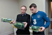 17 November 2014; Seamus Coleman is presented with his senior international cap by Republic of Ireland manager Martin O'Neill. Republic of Ireland Squad Caps Presentation, Portmarnock Hotel & Golf Links, Portmarnock, Co. Dublin Picture credit: David Maher / SPORTSFILE