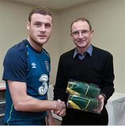 17 November 2014; Anthony Stokes is presented with his senior international cap by Republic of Ireland manager Martin O'Neill. Republic of Ireland Squad Caps Presentation, Portmarnock Hotel & Golf Links, Portmarnock, Co. Dublin Picture credit: David Maher / SPORTSFILE