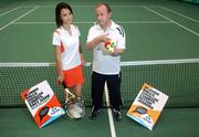 6 July 2007; &quot;Tennis is Healthy, Easy & Fun&quot;. This is the message that Tennis Ireland wish to promote at a special seminar on Saturday 7th July at the formal Irish launch of the Tennis... Play and Stay campaign. This worldwide campaign, which is aimed at increasing tennis participation, centres around the slogan Serve, Rally and Score and promotes tennis as easy, fun and healthy. Tennis Play and Stay is primarily aimed at coaches of starter players of all ages, encouraging them to use the slower red, orange or green balls in both training and competition. The campaign shows that tennis can be easy and fun if starter players use the slower balls on smaller courts to serve, rally and score from the first lesson. Pictured at the launch is model Emily Geraghty with her father Roger Geraghty, Tennis Ireland Director of Development, at Fitzwilliam Lawn Tennis Club, Appian Way, Dublin. Picture credit: Brian Lawless / SPORTSFILE