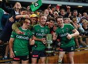 22 November 2014; Australia players Brent Harvey, left, captain Joel Selwood, centre, and Patrick Dangerfield celebrate with the Cormac McAnallen Cup. Virgin Australia International Rules Series, Australia v Ireland. Paterson's Stadium, Perth, Australia. Picture credit: Ray McManus / SPORTSFILE