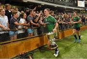 22 November 2014; Australia captain Joel Selwood and Patrick Dangerfield celebrate with the Cormac McAnallen Cup. Virgin Australia International Rules Series, Australia v Ireland. Paterson's Stadium, Perth, Australia. Picture credit: Ray McManus / SPORTSFILE