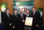 6 July 2007; Manulla FC from Castlebar, Co. Mayo, were awarded FAI Club of the year at a pre Annual General Meeting dinner hosted by the Football Association of Ireland. Pictured on the night were, from left, Eoin Brannigan, The Star newspaper, Mr Sean Kelly, former President GAA, David Blood, President FAI, John Delaney, FAI, John Lavelle, Chairman Manulla FC, and Pakie Bonner, FAI. The Malton Hotel, Killarney, Co. Kerry. Picture credit: Domnick Walsh / SPORTSFILE