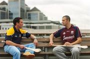 11 July 2007; Galway's John Lee, right, in conversation with Antrim's Michael Herron at a GAA Unrivalled photocall ahead of their Guinness All-Ireland Hurling Championship Qualifier on Saturday next. Jurys Inn Custom House, Custom House Quay, Dublin. Picture credit: Brendan Moran / SPORTSFILE