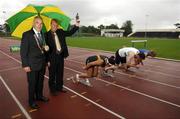 12 July 2007; Michael Heery, left, President of Athletics Ireland, with Peter Dolan, Marketing Manager for Woodie’s DIY and juvenile athletes, from left, Shauna Firman, Michael Hynes and Catherine McManus at the launch of Woodie’s DIY National Juvenile Championships which take place this weekend July 14th and 15th. Morton Stadium, Santry, Dublin. Picture credit: Brendan Moran / SPORTSFILE