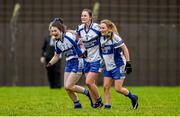 29 November 2014; Castleisland Desmonds players, from left to right, Tina Mangan, Aisling Leonard and Rachael Cronin celebrate victory over Clonbur. TESCO HomeGrown Intermediate Ladies Football Club Championship Final, Castleisland Desmonds, Kerry v Clonbur, Galway. Corofin, Co. Clare. Picture credit: Diarmuid Greene / SPORTSFILE