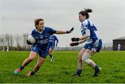 29 November 2014; Karen Ui Cathain, Clonbur, in action against Jane Lynch, Castleisland Desmonds. TESCO HomeGrown Intermediate Ladies Football Club Championship Final, Castleisland Desmonds, Kerry v Clonbur, Galway. Corofin, Co. Clare. Picture credit: Diarmuid Greene / SPORTSFILE