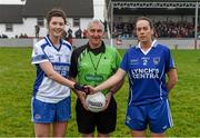 29 November 2014; Castleisland Desmonds captain Lorraine Scanlon, left, Clonbur capatin Aisling Nic Aodhagain exchange a handshake in the company of referee James Flood before the game. TESCO HomeGrown Intermediate Ladies Football Club Championship Final, Castleisland Desmonds, Kerry v Clonbur, Galway. Corofin, Co. Clare. Picture credit: Diarmuid Greene / SPORTSFILE