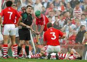 29 July 2007; Cork goalkeeper Donal Og Cusack lies on the ground surrounded by team-mates Sean Og O hAilpin, Shane O'Neill, and Diarmuid O'Sullvan and referee Brian Gavin, who awarded Waterford a free in which they converted to level the game in injury time. Guinness All-Ireland Senior Hurling Championship Quarter-Final, Cork v Waterford, Croke Park, Dublin. Picture credit; Brendan Moran / SPORTSFILE