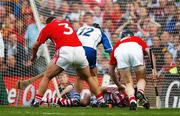 29 July 2007; Cork goalkeeper Donal Og Cusack, supported by team-mates Diarmuid O'Sullivan, 3, and Shane O'Neill, smothers the sliothar as Waterford's Paul Flynn challenges. Guinness All-Ireland Senior Hurling Championship Quarter-Final, Cork v Waterford, Croke Park, Dublin. Picture credit; Brendan Moran / SPORTSFILE