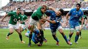 8 March 2014; Andrew Trimble, Ireland, is tackled by Marco Bortolami, left, and Leonardo Sarto, Italy. RBS Six Nations Rugby Championship, Ireland v Italy, Aviva Stadium, Lansdowne Road, Dublin.  Picture credit: Brendan Moran / SPORTSFILE