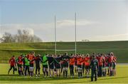 10 December 2014; The Munster squad gather together in a huddle during squad training ahead of their European Rugby Champions Cup 2014/15, Pool 1, Round 4, match against ASM Clermont Auvergne on Sunday. Munster Rugby Squad Training, University of Limerick, Limerick. Picture credit: Diarmuid Greene / SPORTSFILE