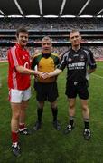 4 August 2007; Referee Pat McEnaney with the two captains Derek Kavanagh, Cork, and Noel McGuire, Sligo. Bank of Ireland Football Championship Quarter Final, Sligo v Cork, Croke Park, Dublin. Picture Credit; Ray McManus / SPORTSFILE