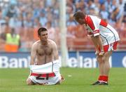 11 August 2007; Derry's Paddy Bradley and Eoin Bradley, left, show their disapointment at the end of the game. Bank of Ireland All-Ireland Senior Football Championship Quarter-Final, Dublin v Derry, Croke Park, Dublin. Picture credit; Pat Murphy / SPORTSFILE