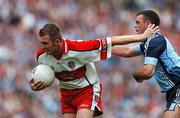 11 August 2007; James Conway, Derry, in action against Paul Casey, Dublin. Bank of Ireland All-Ireland Senior Football Championship Quarter-Final, Dublin v Derry, Croke Park, Dublin. Picture credit; Brendan Moran / SPORTSFILE