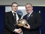 12 August 2007; Alan Bell, Kildare PRO, is presented with the award for the Best County Kinal Programme by GAA President Nickey Brennan at the 2007 GAA MacNamee awards. Croke Park, Dublin. Picture credit: Ray McManus / SPORTSFILE